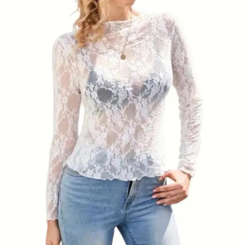 H-11 Long Sleeve Mesh Lace Top, White - Picture 3 of 4